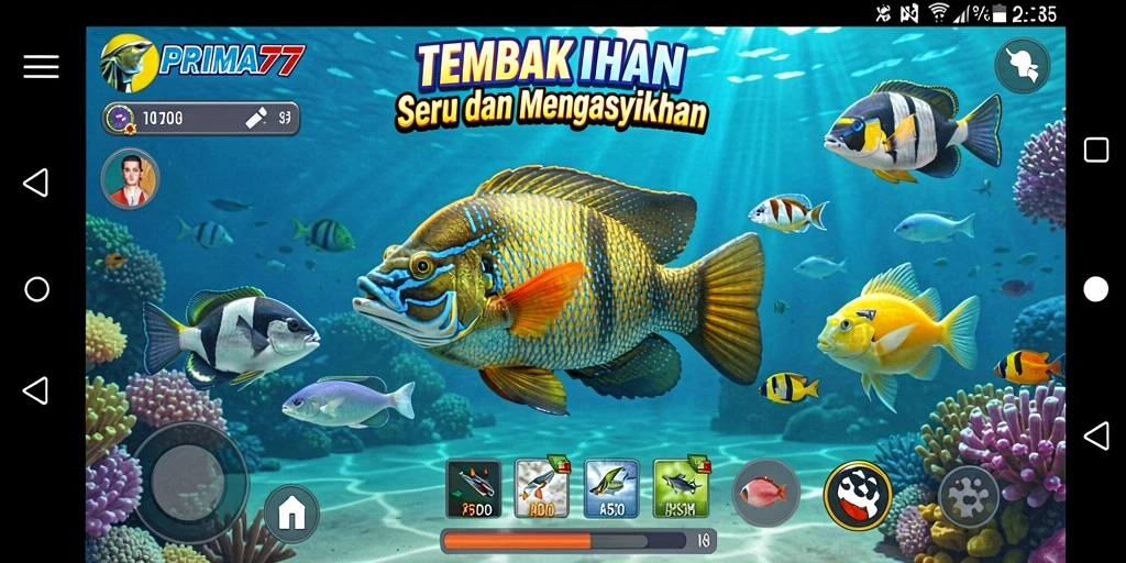 Tampilan gameplay seru dalam PRIMA77 saat menembak ikan.