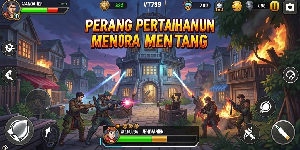 Tangkapan layar utama VT789 menampilkan aksi menara pertahanan yang mendebarkan.